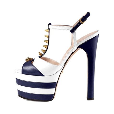 Lib Chunky Heels Platform Peep Toe Rivet Decorated Ankle Buckle T Straps Blue And White In