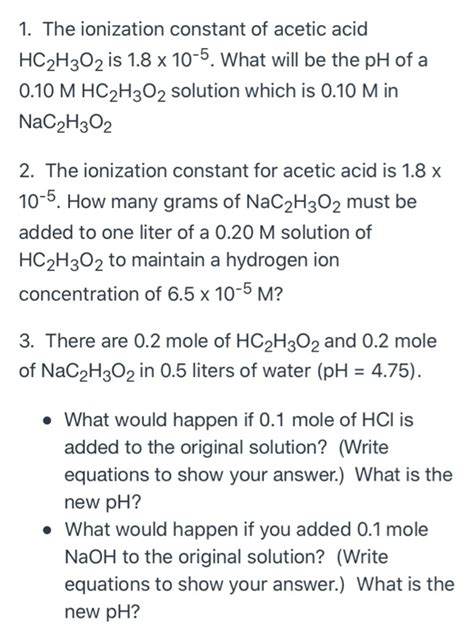 Solved 1 The Ionization Constant Of Acetic Acid Hc2h302 Is