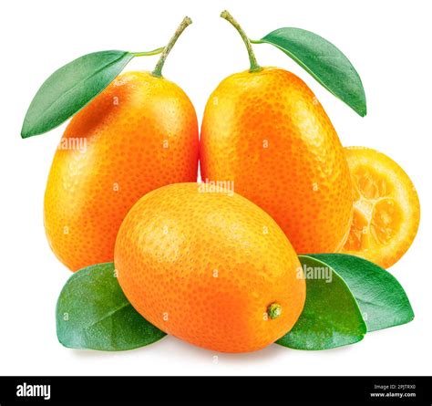 Kumquat Fruit And Cross Cut Of Kumquat With Leaves Isolated On White