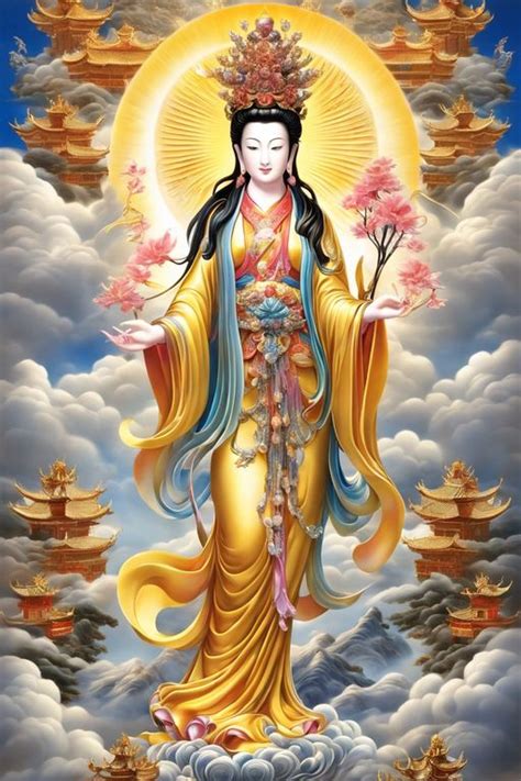 Kwan Yin Standing On Lotus Conceptual Painting Guan Shi Yin