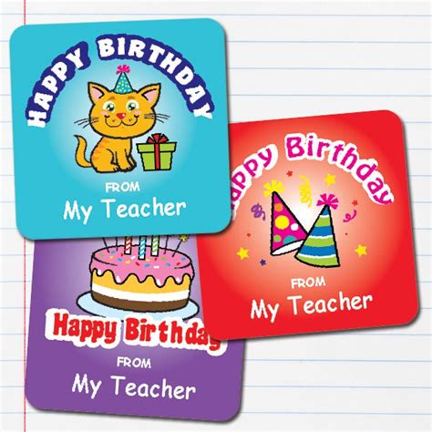 Teacher Merit Stickers - 25mm Square Birthday theme, Personalised Name ...