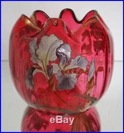 GROS VASE boule LEGRAS VERRE émaillé aux Iris FOND ROUGE Art Nouveau