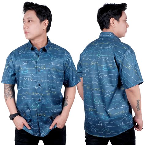 Jual Kemeja Pria Lengan Pendek Pantai Full Print Motif Hawai Shark