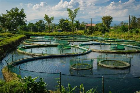 premium photo  fish farm  rows  ponds  nets   rural area