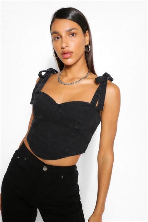 Womens Black Denim Tie Shoulder Bodice Crop Top Boohoo Uk