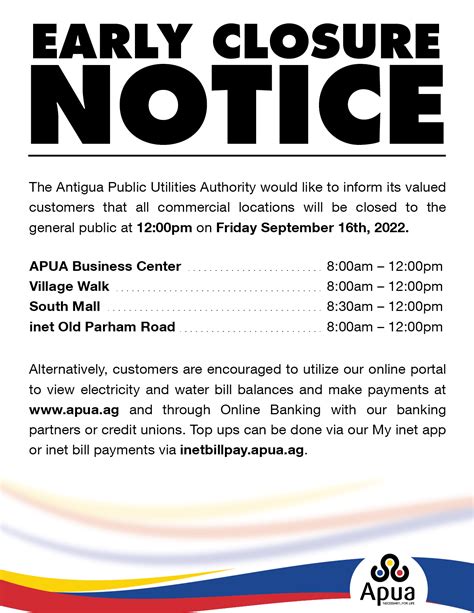 Early Closure Notice Th September Antigua Public Utilities