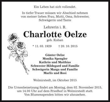 Traueranzeigen Von Charlotte Oelze Geb Kuban Abschied Nehmen De