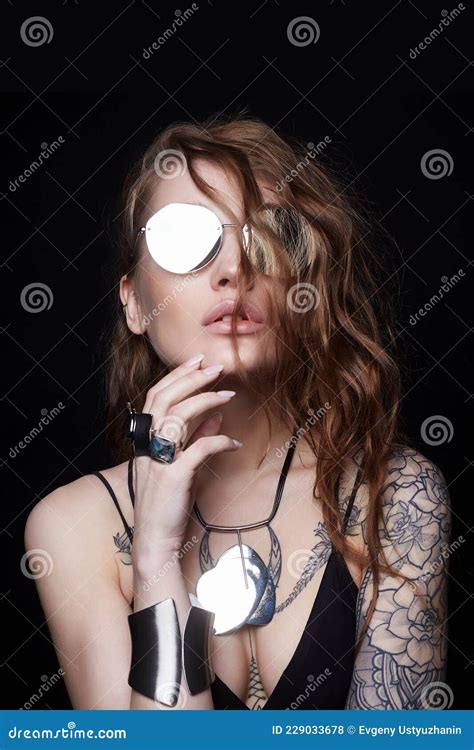 Beautiful Woman With Tattoo Beauty Tattooed Girl In Sunglasses Stock