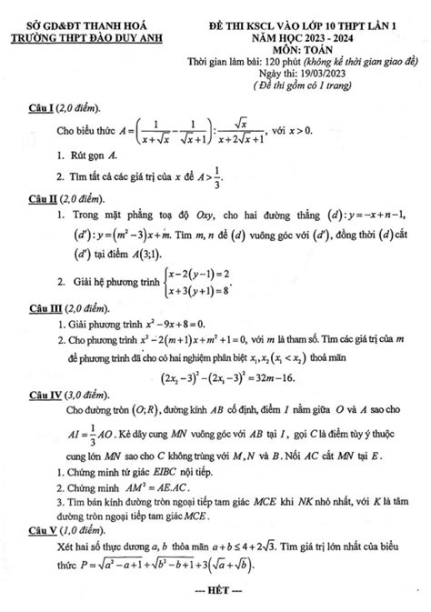 Đề KSCL Toán vào 10 lần 1 năm 2023 2024 trường THPT Đào Duy Anh Thanh