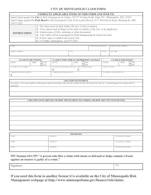 Fillable Online Minneapolismn City Of Minneapolis Claims Form