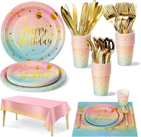 Nkaiso Pcs Arcen Ciel Or Anniversaire Party Vaisselle Kit Vaisselles