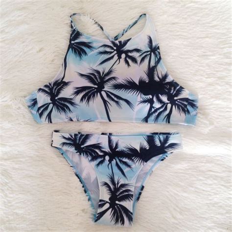 Print Floral Palm Tree Bikini Set Halter Crop Top Hang High Neck