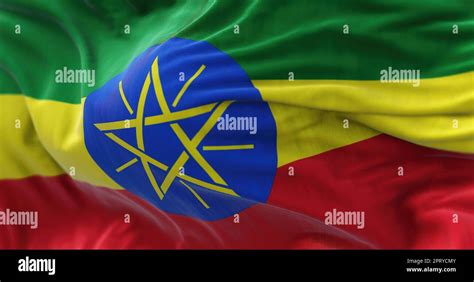 Close Up View Of The Ethiopia National Flag Waving In The Wind The