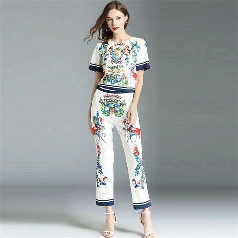 2020 Summer Runway Retro Pattern Pant Sets Casual 2 Piece Set Women