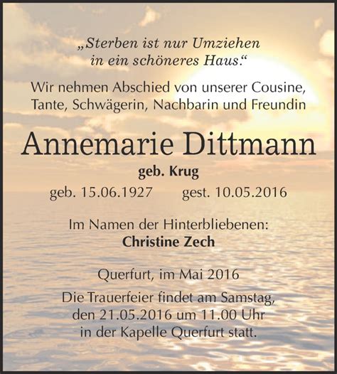 Traueranzeigen Von Annemarie Dittmann Abschied Nehmen De