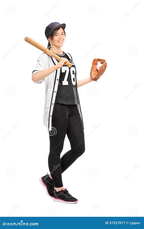 Young Woman Holding A Baseball Bat And Smiling Stock Image Image Of