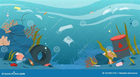 Cartoon Dirty Underwater Landscape With Pollution Plastic Bottle And