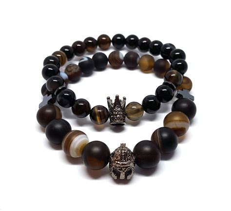 Set Of 2 Stretch Beaded Bracelets For Men Brown Agate Etsy Ireland