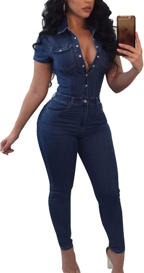 Womens Denim Jumpsuit Short Sleeve Denim Jumpsuit Zipper Lapel