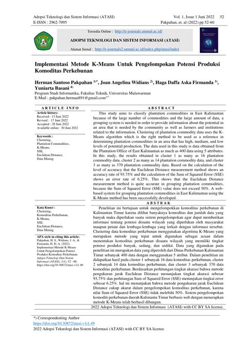 Pdf Implementasi Metode K Means Untuk Pengelompokan Potensi Produksi