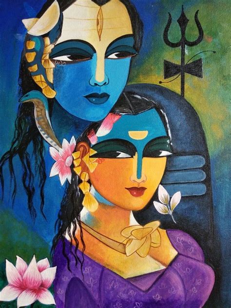 Shiva Parvati Acrylic Painting Canvas Hand Made Indian Art Paintings