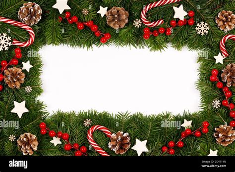 Christmas Border frame of tree branches on white background with copy ...