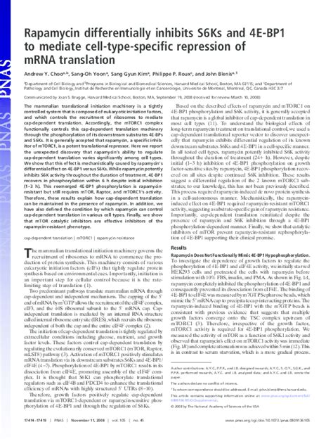 Pdf Rapamycin Differentially Inhibits S6ks And 4e Bp1 To Mediate Cell Type Specific Repression