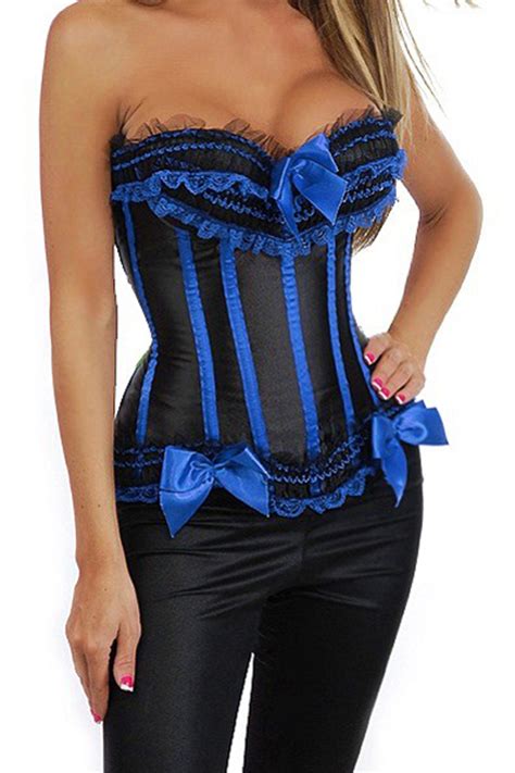 Plus Size Black Satin Training Corset With Blue Bows And Strips And