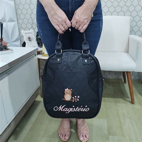 Bolsa Mochila Personalizada Preta Shine Preto Professora Magistério