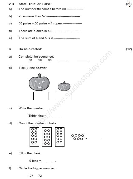 CBSE Class 1 Mathematics Sample Paper Set K Maths Paper 1st Grade