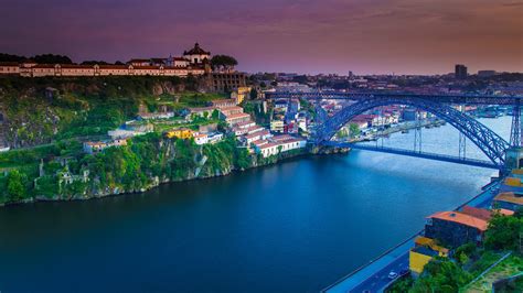 Wallpaper Landscape River Bridge Rocks Trees City House Sunset