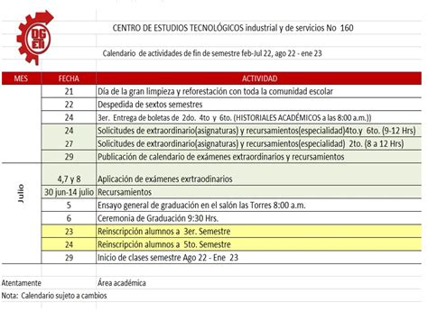 Calendario De Actividades Cetis 160