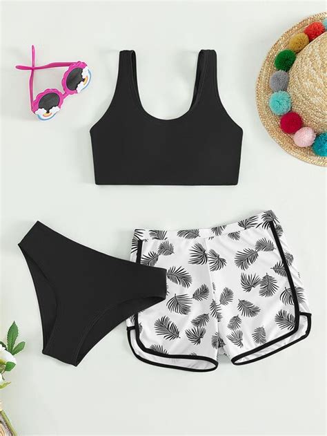 Shein Teen Girls Tropical Print Bikini Swimsuit With Beach Shorts