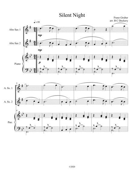 Silent Night Alto Sax Duet With Optional Piano Accompaniment Arr B