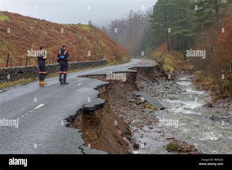 The aftermath of storm Desmond December 2015. The A591 main road ...