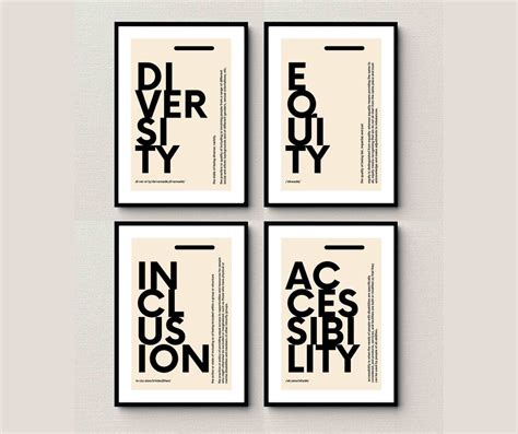 Minimalist Office Decor Set Of 4 Diversity Definition Equity Inclusion Poster Typography