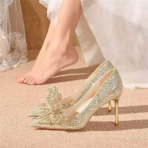 2024 New Champagne Bridesmaid High Heels Bow Crystal Embellished