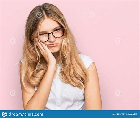 Beautiful Young Caucasian Girl Wearing Casual Clothes And Glasses