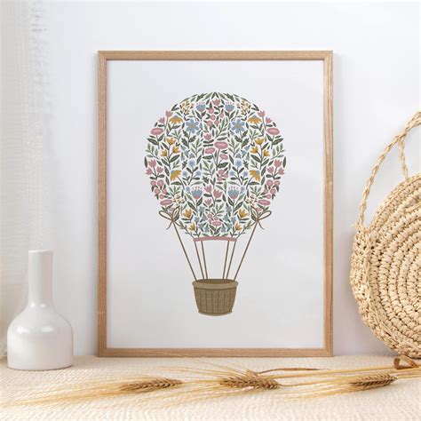 Wildflower Hot Air Balloon Nursery Print Dusty Blue And Rose Pink