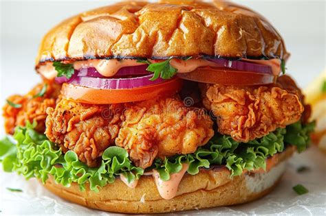 Chicken Burger, Delicious Double Burger with Crispy Chicken Meat, Salad and Sauce Isolated Stock ...