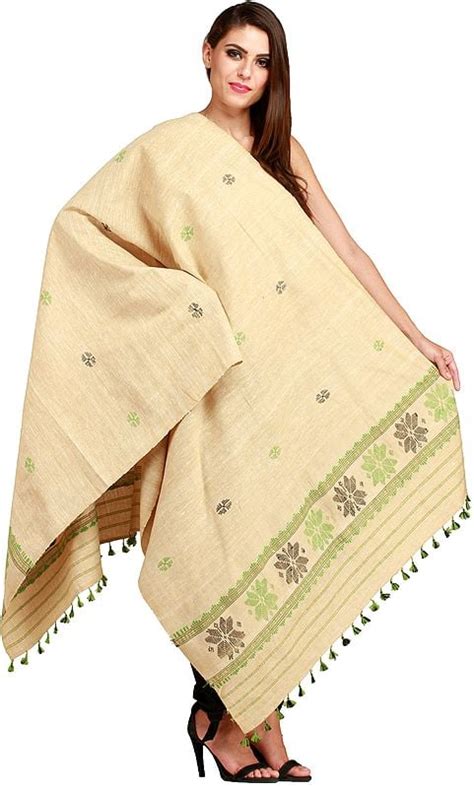 Almond Oil Eri Silk Shawl From Assam With Woven Flowers And Bootis