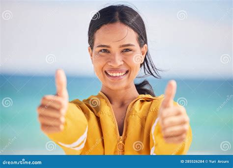 Happy Woman Portrait And Thumbs Up On Beach For Approval Success Or