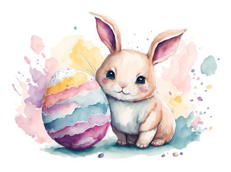 Watercolor Spring Illustrated Postcard Of Cute Bunny With Easter Eggs