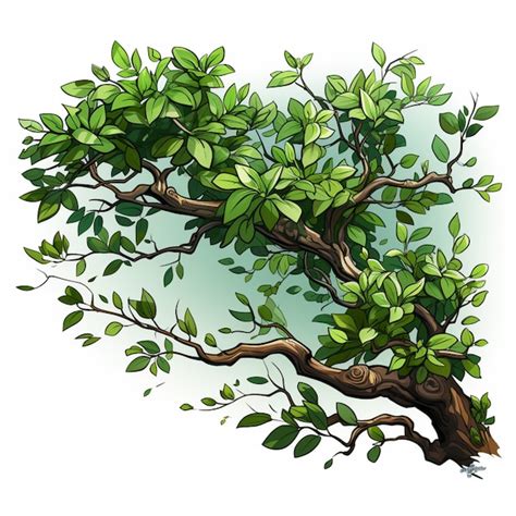 A Cartoon Tree With Green Leaves And Branches On A White Background