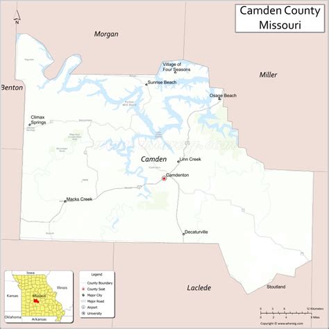 Map of Camden County, Missouri showing cities, highways & important ...