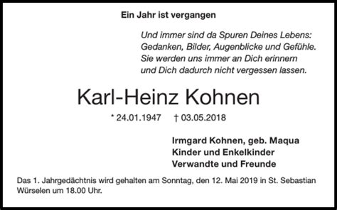 Traueranzeigen Von Karl Heinz Kohnen Aachen Gedenkt