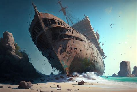 Premium AI Image | At the coast a sinking ship is abandoned The sky is ...