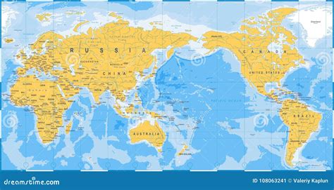 Azul Amarillo Del Mapa Del Mundo Asia En El Centro Stock De