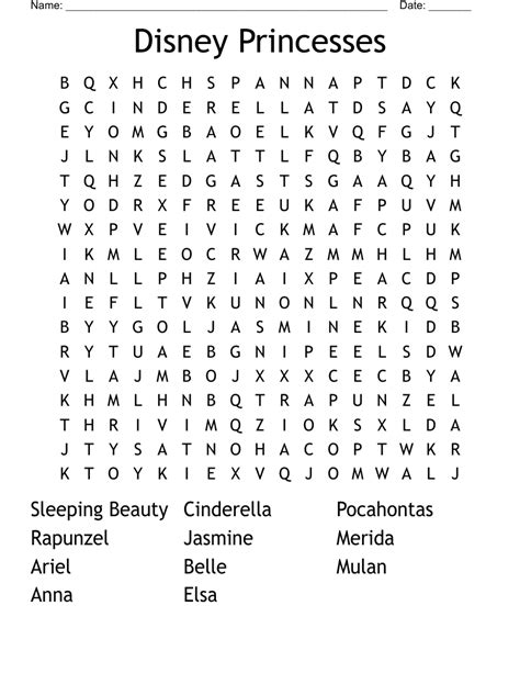 Disney Princesses Word Search Wordmint