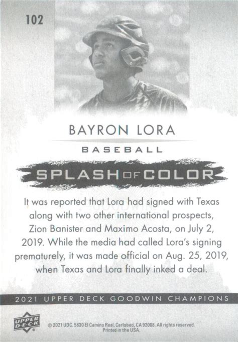 Bayron Lora Upper Deck Goodwin Champions Splash Of Color Baseball